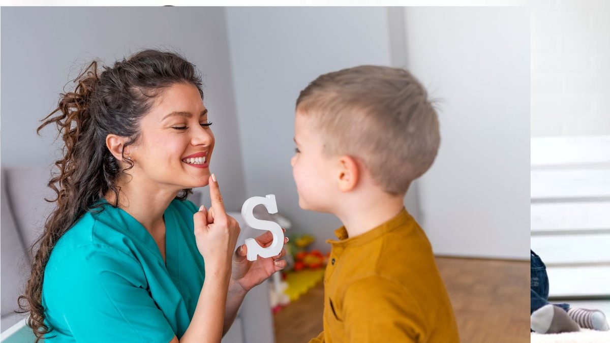 Speech pathologist practising sounds with a young boy